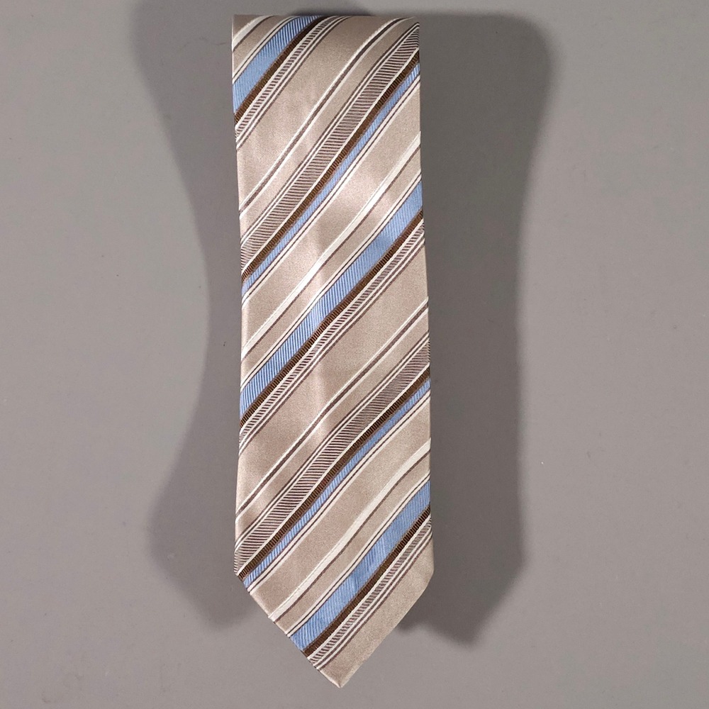 Brioni Necktie Mens OS Champagne Blue Brown Striped Handmade Silk Italy Tie